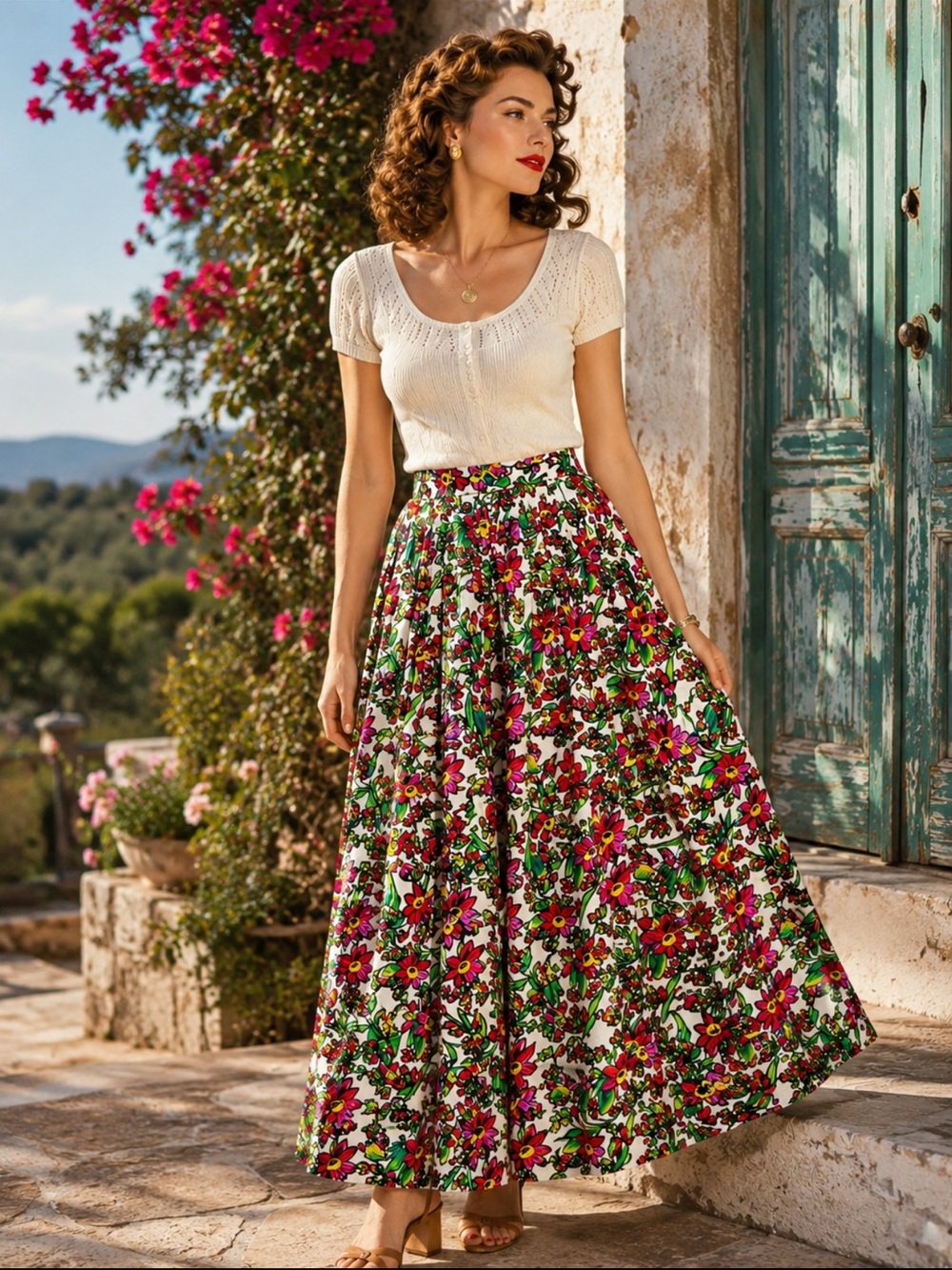 ELITE FLORAL VINTAGE 100% silk , pleated maxi skirt. Sz. 14